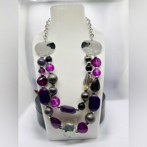 Bold Purple & Silver Double Strand Statement Necklace with Hammered Disc Accents